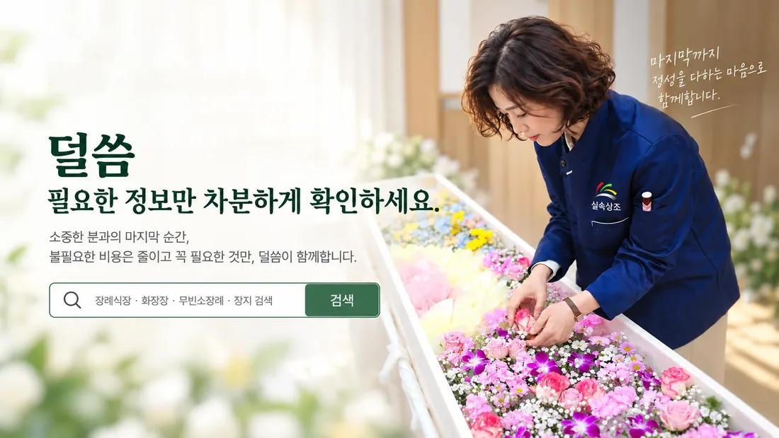 덜씀 — 필요한 정보만 차분하게 확인하세요. 소중한 분과의 마지막 순간, 불필요한 비용은 줄이고 꼭 필요한 것만, 덜씀이 함께합니다. 실속상조 장례지도사가 꽃관을 준비하는 모습